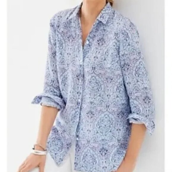 J. Jill Love Linen Essential Button Down Shirt with Blue, Purple Paisley Design - Picture 1 of 6